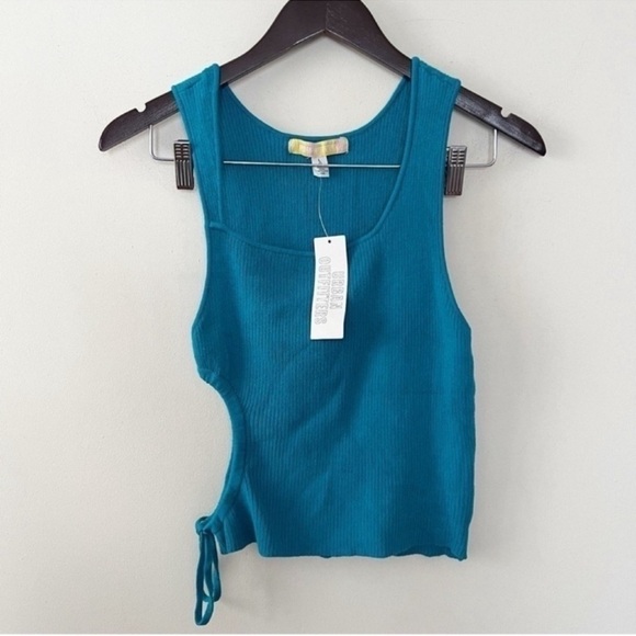 Urban Outfitters Tops - Urban Outfitters Teal Blue Ribbed Knit Cut Out Tank Top Size Large Side Tie NEW